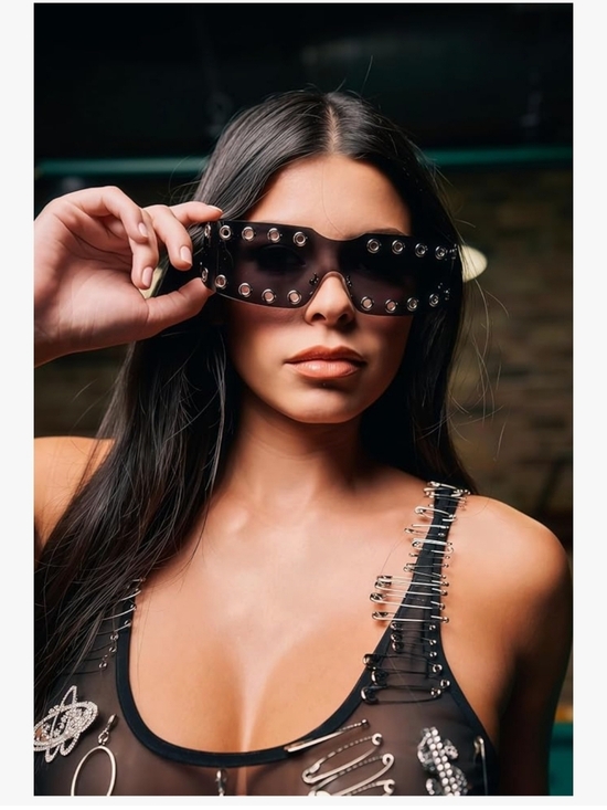 Futuristic Studded Wraparound Shield Sunglasses - Smoke main image 4